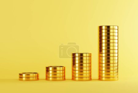 Foto de Una moneda de diez centavos sobre un fondo amarillo desde el más pequeño hasta el más grande. Monedas de oro, negocio y concepto financiero. Renderizado 3D, ilustración 3D. - Imagen libre de derechos