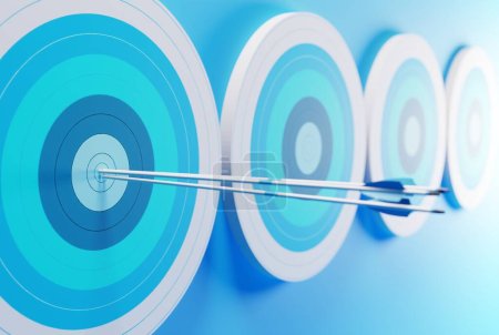 Several Target target with embedded arrows. Archery target on a blue background. The concept of fulfilling the goal, striving to implement plans. 3D render, 3D illustration.
