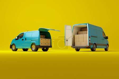 Photo for Two commercial delivery blue vans with cardboard boxes on yellow background. Delivery order service company transportation box with vans truck. 3d rendering, 3d illustration. - Royalty Free Image