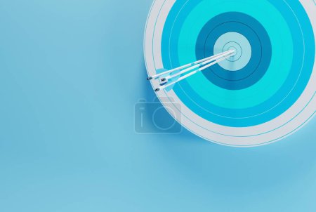 Target with embedded arrows. Archery target on a blue background. The concept of fulfilling the goal, striving to implement plans. 3D render, 3D illustration.