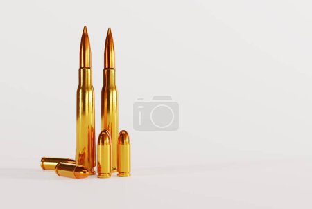 Bullet gun on a dark background. Weapons and ammunition concept. Different cartridges for pistol, rifle. Access to firearms. 3D render, 3D illustration.