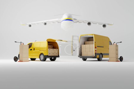 Two commercial delivery yellow vans with cardboard boxes with airplane over them on white background. Delivery order service company transportation box with vans truck. 3d rendering, 3d illustration.