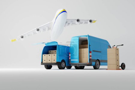Zwei kommerzielle Lieferwagen mit Pappkartons und Flugzeug darüber auf weißem Hintergrund. Lieferauftrag service firma transportbox mit transporter lKW. 3D-Darstellung, 3D-Illustration.