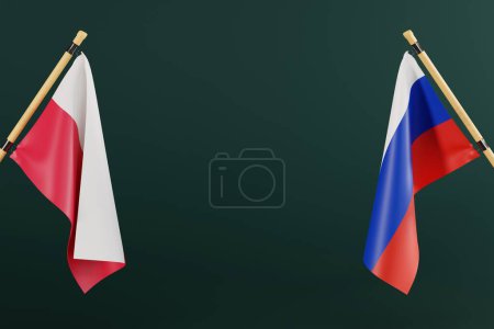 Die Flagge Russlands und Polens. Das Konzept der Diplomatie und internationalen Beziehungen zwischen Polen und Russland. Konflikt und der russische Krieg mit der Ukraine. 3D-Renderer, 3D-Illustration.
