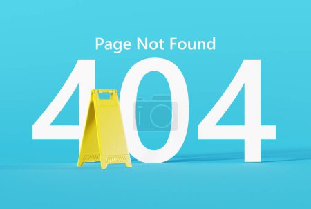 Yellow warning sign and the number 404 in the background as an error of a non-existent website. 404 error concept, page not found, website template. 3D render, 3D illustration.