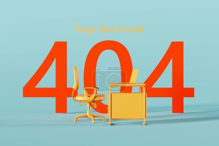 Photo for Side view of an armchair and a desk and the number 404 in the background as an error of a non-existent website. 404 error concept, page not found, website template. 3D render, 3D illustration. - Royalty Free Image