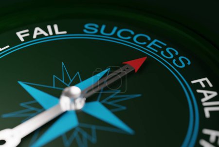 Compass pointing in the direction of success. The concept of winning, achieving success. A compass showing the direction of success instead of fail. 3D render, 3D illustration.