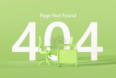 Photo for Side view of an armchair and a desk and the number 404 in the background as an error of a non-existent website. 404 error concept, page not found, website template. 3D render, 3D illustration. - Royalty Free Image