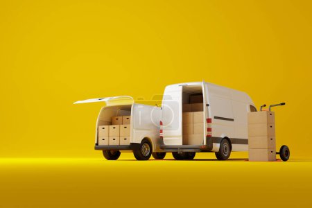 Photo for Two commercial delivery white vans with cardboard boxes on yellow background. Delivery order service company transportation box with vans truck. 3d rendering, 3d illustration. - Royalty Free Image