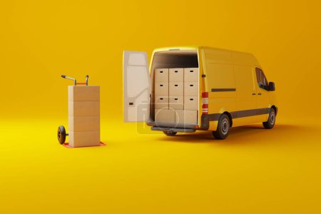Photo for Commercial delivery yellow van with cardboard boxes on yellow background. Delivery order service company transportation box business background with van truck. 3d rendering, 3d illustration. - Royalty Free Image