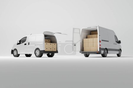 Zwei weiße Lieferwagen mit Pappkartons auf weißem Hintergrund. Lieferauftrag service firma transportbox mit transporter lKW. 3D-Darstellung, 3D-Illustration.
