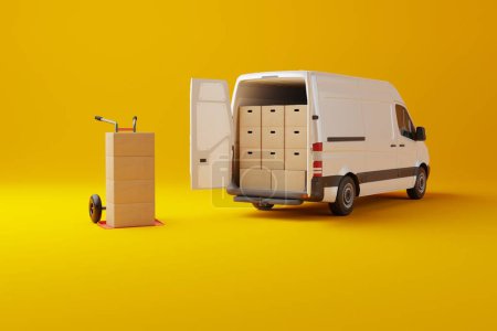 Photo for Commercial delivery white van with cardboard boxes on yellow background. Delivery order service company transportation box business background with van truck. 3d rendering, 3d illustration. - Royalty Free Image
