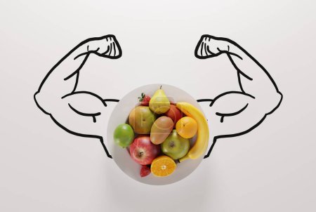 Muskeln auf dem Hintergrund eines Tellers mit verschiedenen Früchten. Das Konzept der gesunden Ernährung, Früchte, die Kraft und essentielle Nahrungsbestandteile geben. 3D-Renderer, 3D-Illustration.