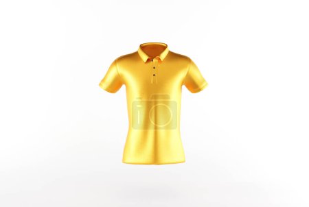 Foto de Gold polo shirt on an isolated background. The concept of selling clothes, a polo shirt without prints to complete the content. 3D render, 3D illustration. - Imagen libre de derechos