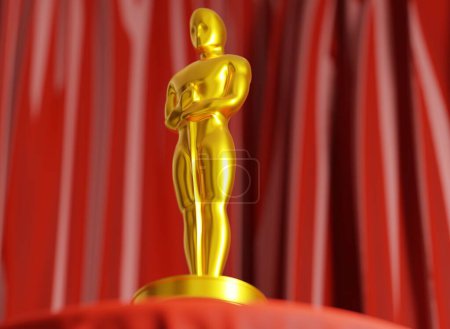 Foto de Katowice, March 8, 2022, Poland. Oscar statuette. Oscars Gala, Best Actor, Movie in the World. Golden Oscar. 3D render, 3D illustration. - Imagen libre de derechos