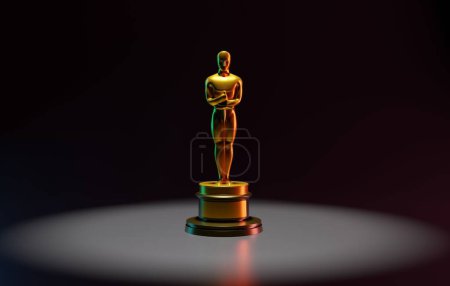 Foto de Katowice, March 8, 2022, Poland. Oscar statuette. Oscars Gala, Best Actor, Movie in the World. Golden Oscar. 3D render, 3D illustration. - Imagen libre de derechos