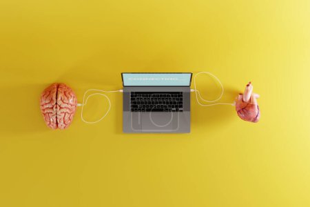 Photo for Brain and heart connected to a laptop. Concept of modern disease diagnosis, connectivity between organs and computer. Cyborg. 3d render. - Royalty Free Image