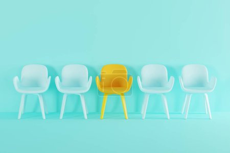 Blue and orange chairs in a row against the wall on a blue background. Waiting room concept, waiting. 3d render, 3d illustration.
