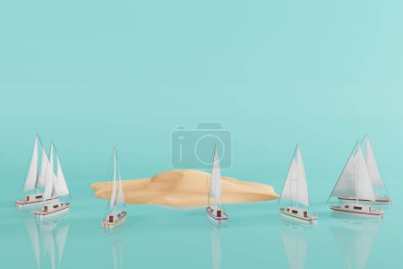 Photo for Sailboats moving to a deserted island. Sports concept, vacation. A break from people and crowds. 3d render, 3d illustration. - Royalty Free Image