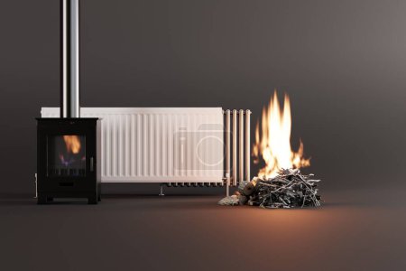 Heaters, stove and fireplace on a dark background. The concept of heating the house, apartment. More expensive energy and alternative heating methods. 3D render, 3D illustration.