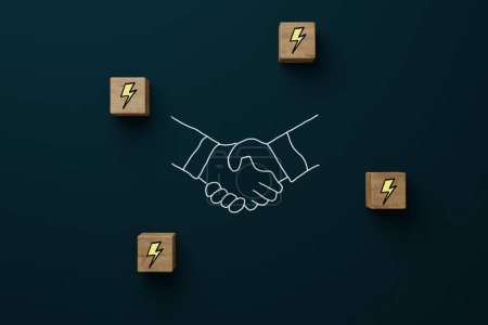 Photo for Wooden blocks with a lightning bolt icon and a drawn handshake. Concept of problem solving, mediation, communication. 3d render - Royalty Free Image