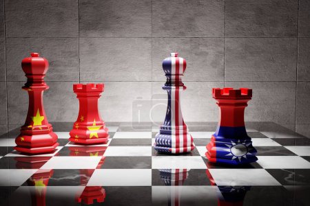 Téléchargez les photos : Chess pieces in the colors of the Taiwan, China and USA flags. Conflict with China concept, United States supporting Taiwan. Threats of war with China. 3D render, 3D illustration. - en image libre de droit