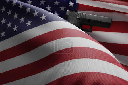 Photo for A gun and the flag of the USA. The concept of voting for access to arms, democracy. America's gun license, US. 3d render, 3d illustration - Royalty Free Image