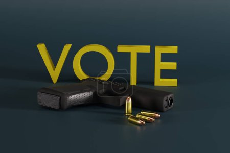 Foto de The pistol and the word VOTE. The concept of voting for access to arms, democracy. Firearms license, general license. 3d render, 3d illustration - Imagen libre de derechos