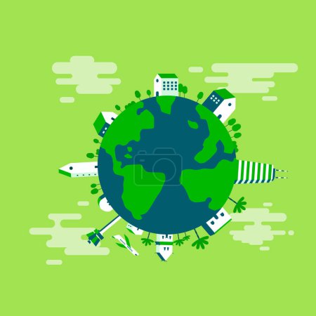 Illustration for Green city eco planet with clouds background.Global with nature landscape and building.Travel around the earth. - Royalty Free Image