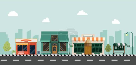 Ilustración de Paisaje urbano con edificios, tiendas y paradas de autobús.Frente a la calle con el fondo de la ciudad. Tienda fachada con escena vial - Imagen libre de derechos
