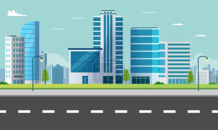 Illustration for Cityscape scene with street.Modern building with sky background.Smart city with park - Royalty Free Image
