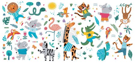 Photo for Isolated set with cute tropical animals in cartoon style. Ideal kids design, for fabric, wrapping, textile, wallpaper, apparel - Royalty Free Image