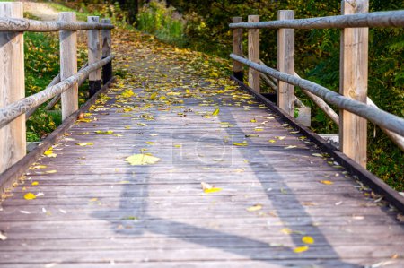 Photo for Wooden bridge for pedestrians next to a road in the countryside in autumn, Autumn nature landscape - Royalty Free Image