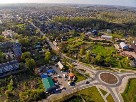 aerial view of a roundabout in the city in summer, Preili, Latvia
