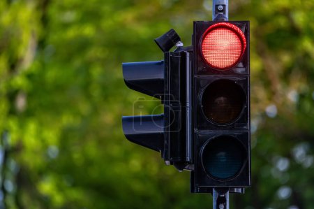 A traffic light showing a red light signal. Background with selective focus and copy space.