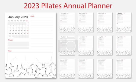 Téléchargez les illustrations : Pilates planificateur annuel 2023 - en licence libre de droit