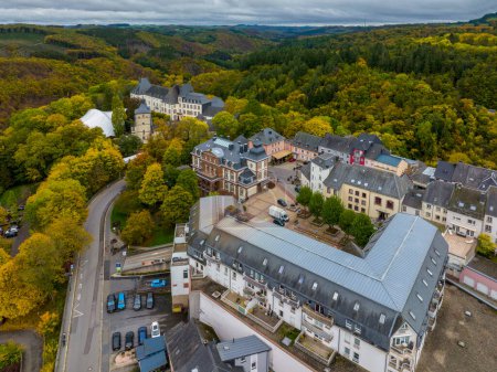 Photo for Aerial Drone Shot in Wiltz Luxembourg. View on a Castle at cloudy autumn day in Wiltz High quality photo - Royalty Free Image