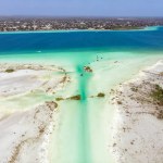 Aerial Drone Shot of the Pirate Channel of Bacalar Quintana roo, Mexico. Shipwreck island in Lagoon of seven colors.