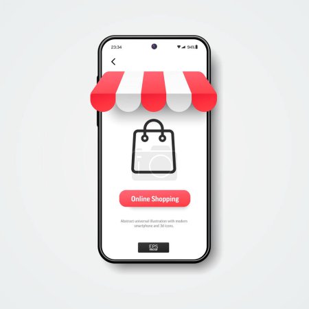 Online shopping, Marketing and Commerce concept. 3d realistic smartphone mockup with marquise, bag icon and red button on screen. Business application interface design. Vector background.