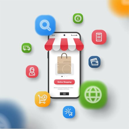 Online shopping, Marketing and Commerce concept. Realistic smartphone mockup, 3d icons flying over screen. Business application interface design. Vector background, transparent shadows, blur effect.