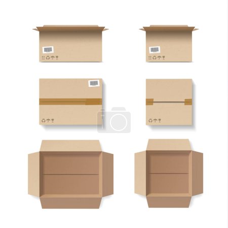 Photo for Set of closed and open cardboard boxes with tape, icons and stickers. 3D Vector mockup Isolated on white background, transparent shadows and textures. Top and front view - Royalty Free Image