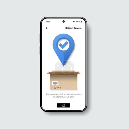 Photo for Realistic smartphone mockup with map pin, check symbol and open cardboard box on screen for. Online order tracking, delivery success, fast shipping and logistic concept. 3D Vector - Royalty Free Image