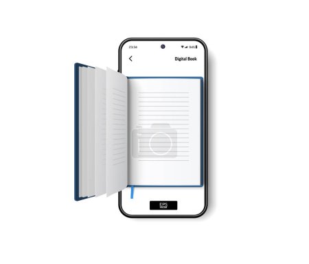 Open paper book on screen of mobile phone. Digital literature for learning and reading online. 3D Realistic vector illustration on white background. Education, electronic library, knowledge concept