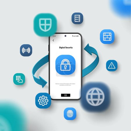 Photo for Online privacy, VPN connect protection, mobile security lock concept. Realistic smartphone mockup. 3d icon, arrow fly over screen. Internet safety. Vector background, transparent shadows, blur effect. - Royalty Free Image