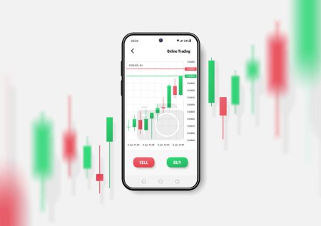 Photo for Realistic smartphone mockup. 3d candlestick chart of stock sale and buy. Market investment, online trade on mobile phone. Vector transparent shadow, blur effect. Business application interface design. - Royalty Free Image