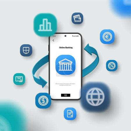 Online bank, login protect technology, smart wallet, security payment concept. Realistic smartphone mockup. 3d icons, arrows fly over screen. Business, finance application design. Vector, blur effect.