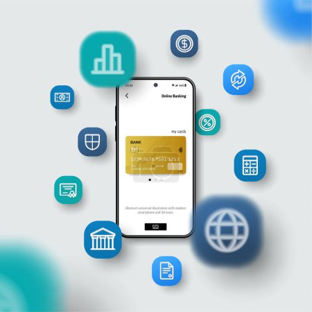 Photo for Credit card mobile payment, secure online transaction, internet bank. Wireless pay protection concept. Smartphone, 3d icon fly over screen. Shop business application design. Vector, blur effect. - Royalty Free Image