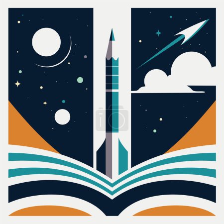 Photo for Pencil rocket launch. Universe inside the book, concept of online education and training. Science fiction. Creativity learning, inspiration, welcome back to school background. Vector illustration. - Royalty Free Image