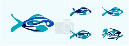 Photo for Wave fish creative symbols set. Water splash shape logo template. Seafood restaurant, food shop, store logotype. Blue sea, ocean vector art. Marine design concept icon. Abstract painting Style - Royalty Free Image