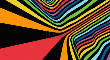 Photo for 3D color rainbow lines on black, perspective, digital abstract elements vector background. Linear striped spectrum illustration, art dynamic wallpaper. Internet, network connection colorful concept - Royalty Free Image